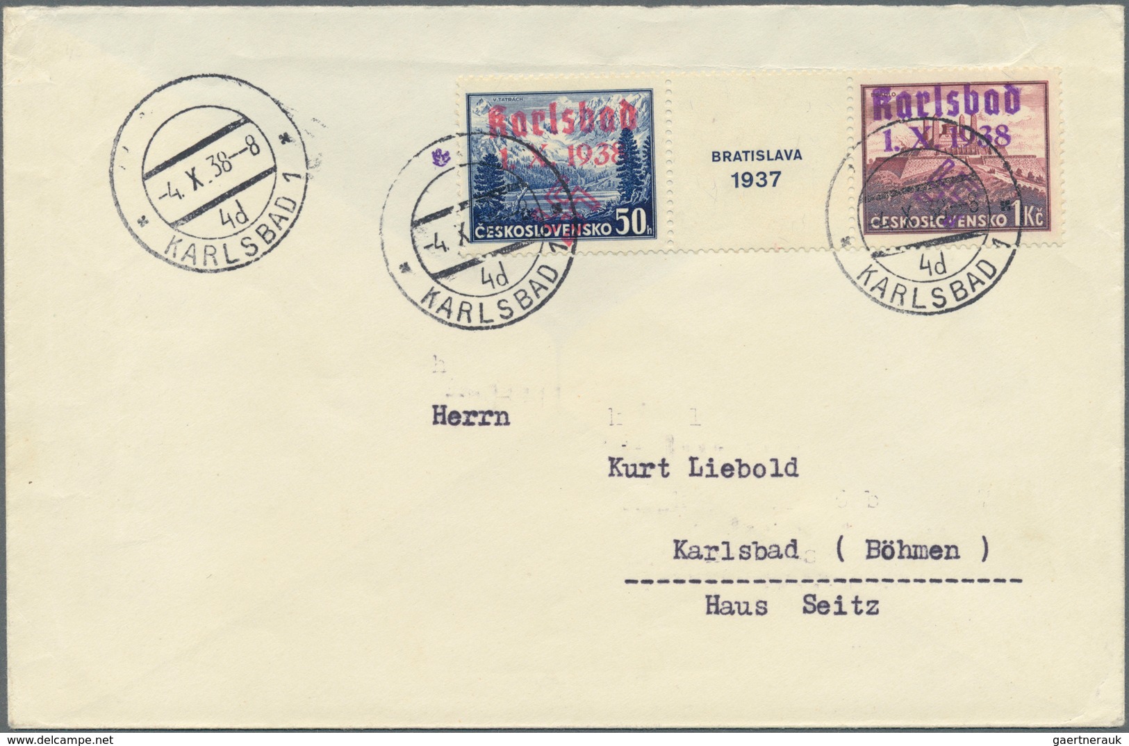 00052 Sudetenland - Karlsbad: Blockmarken "Briefmarkenausstellung Preßburg (Bratislava) 1937" Im Waagerech - Région Des Sudètes