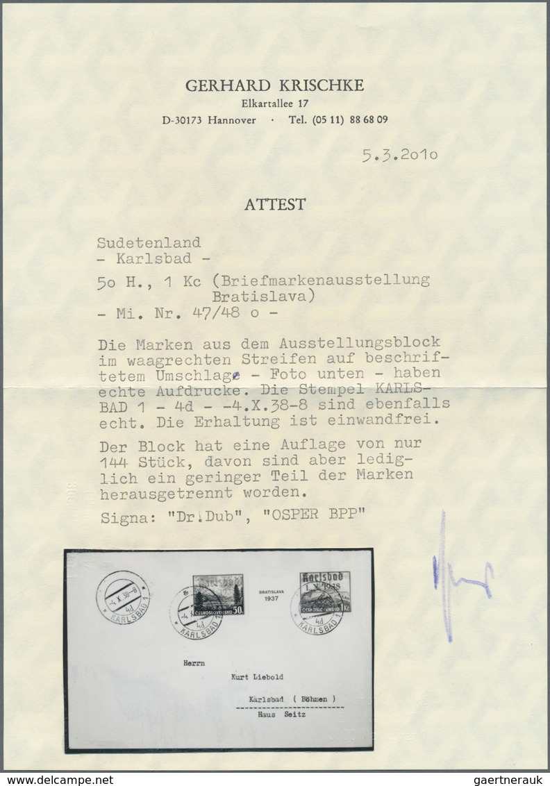 00052 Sudetenland - Karlsbad: Blockmarken "Briefmarkenausstellung Preßburg (Bratislava) 1937" Im Waagerech - Sudetenland
