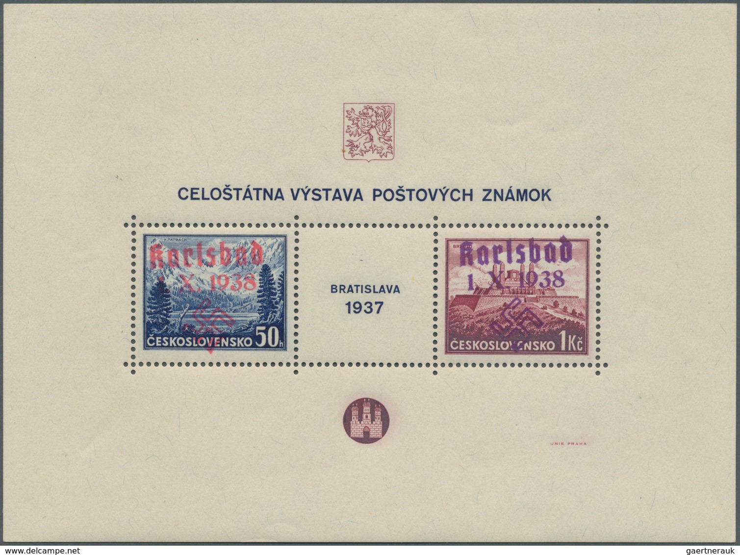 00053 Sudetenland - Karlsbad: Blockausgabe "Briefmarkenausstellung Preßburg (Bratislava) 1937", POSTFRISCH - Sudetes