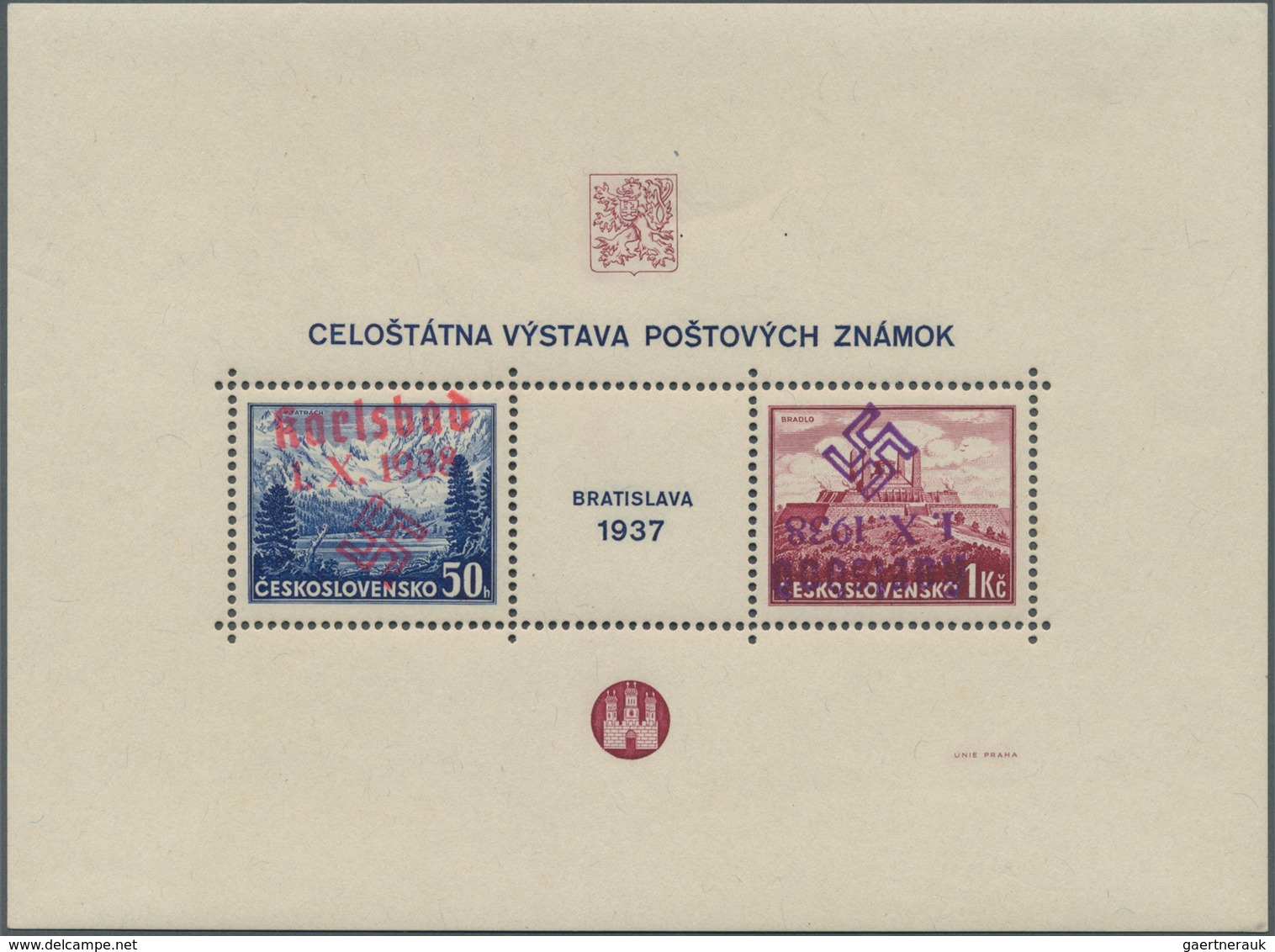 00054 Sudetenland - Karlsbad: Blockausgabe "Briefmarkenausstellung Preßburg (Bratislava) 1937", POSTFRISCH - Sudetenland