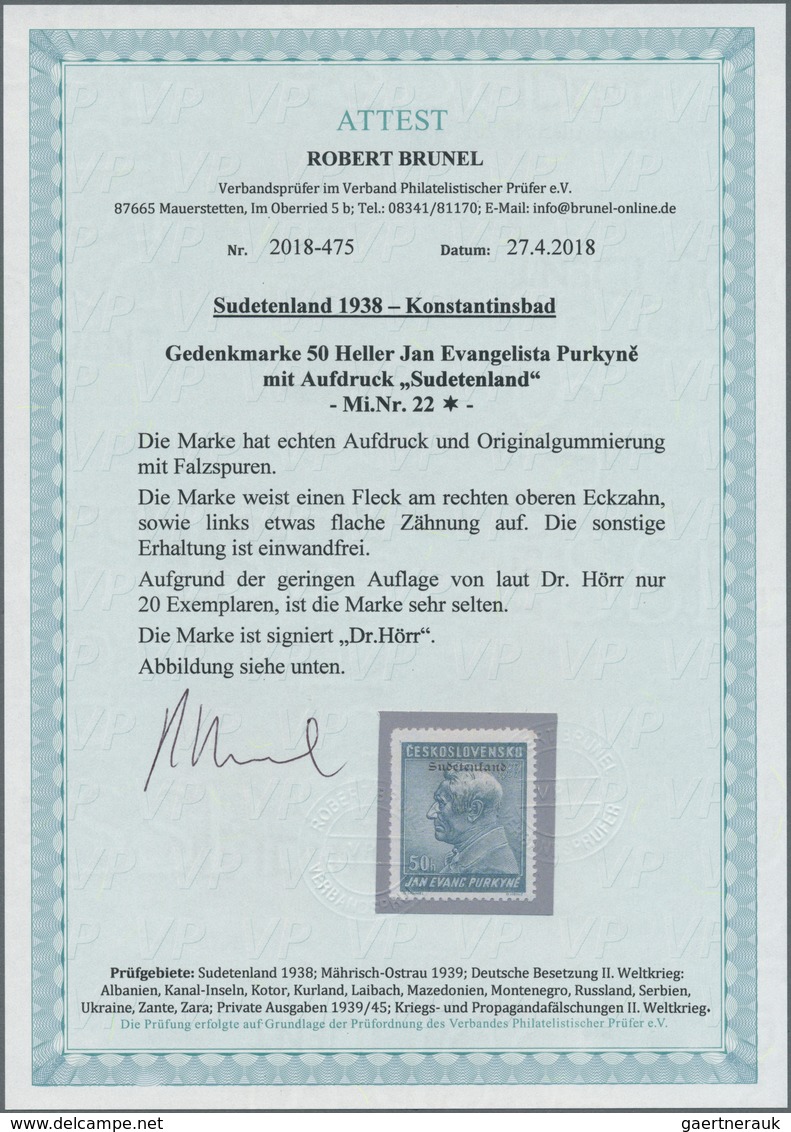 00076 Sudetenland - Konstantinsbad: Gedenkmarke "Jan Evangelista Purkyn?", 50 H Grünlichblau, Mit Aufdruck - Sudetenland