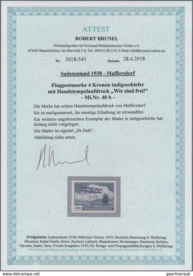 00091 Sudetenland - Maffersdorf: Flugpostausgabe "Doppeldecker Smolík S 19", 4 K?, Indigoschiefer, Gezähnt - Sudetenland