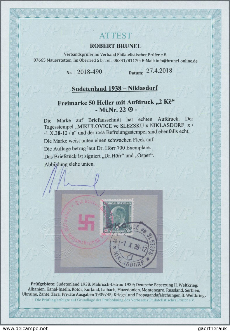 00097 Sudetenland - Niklasdorf: Freimarke "Präsident Edvard Bene?", 50 H Bläulichgrün Mit Aufdruck "2 K?", - Sudetenland