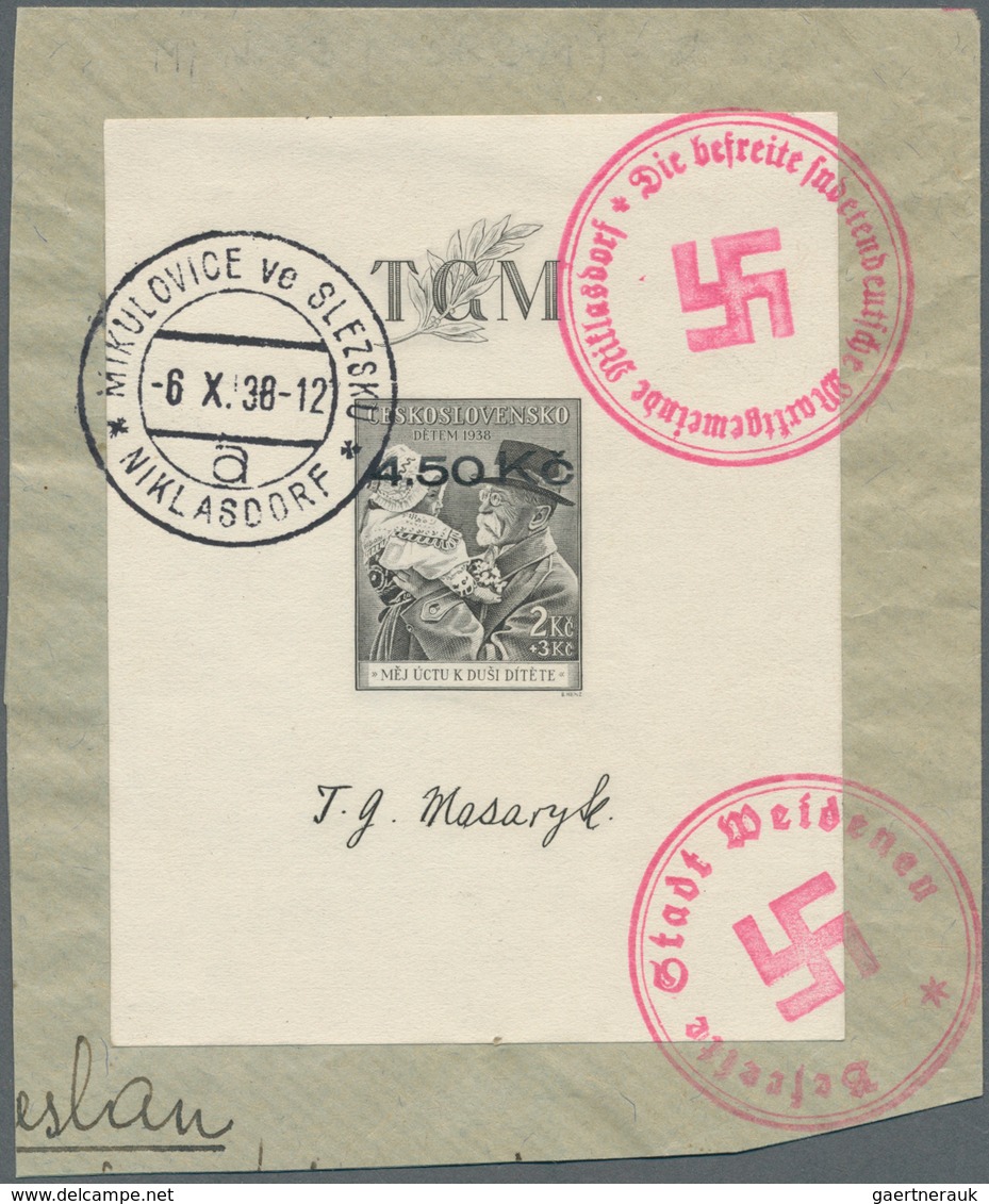 00100 Sudetenland - Niklasdorf: Blockausgabe "88. Geburtstag Von Thomá? Garrigue Masaryk", 2 K? + 3 K? Oli - Sudetenland