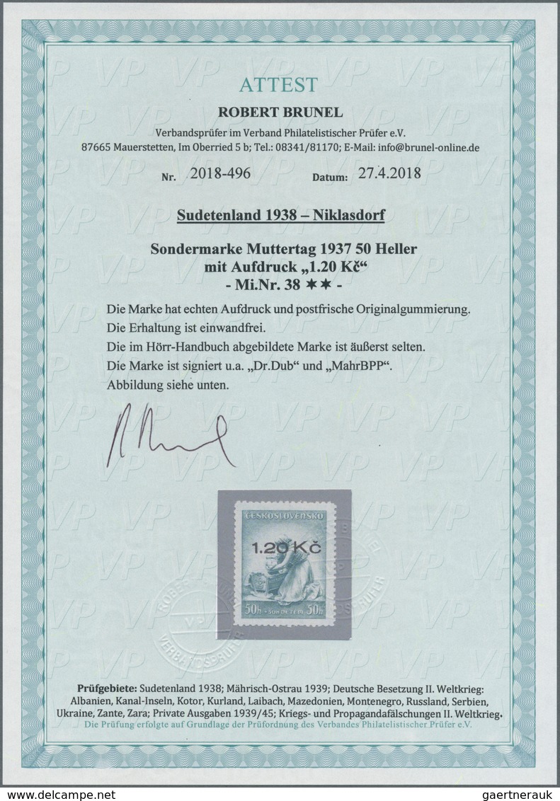 00102 Sudetenland - Niklasdorf: Sonderausgabe "Muttertag", 50 H + 50 H Grünblaumit Aufdruck "1.20 K?", POS - Sudetenland