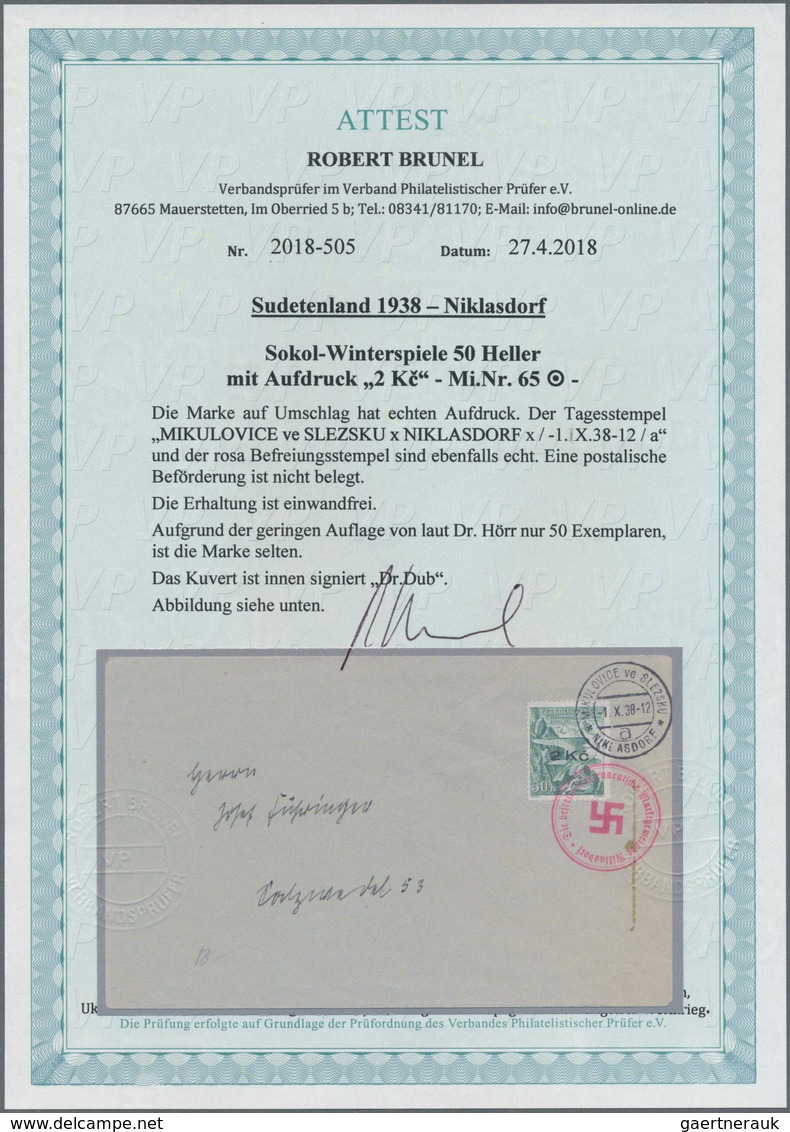 00111 Sudetenland - Niklasdorf: Sonderausgabe "10. Sokol-Winterspiele", 50 H Mit Aufdruck "2 K?", Opalgrün - Sudetenland