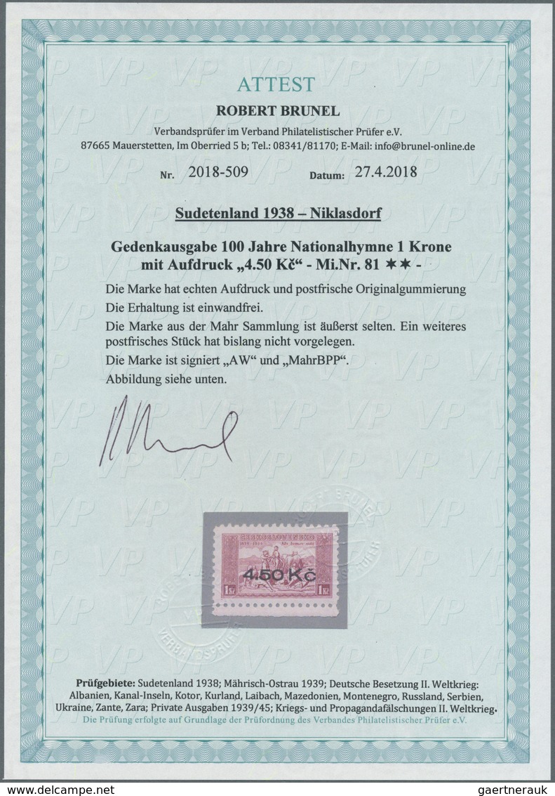 00115 Sudetenland - Niklasdorf: Gedenkausgabe "100 Jahre Tschechische Nationalhymne 'Kde Domov M?j'", 1 K? - Sudetenland