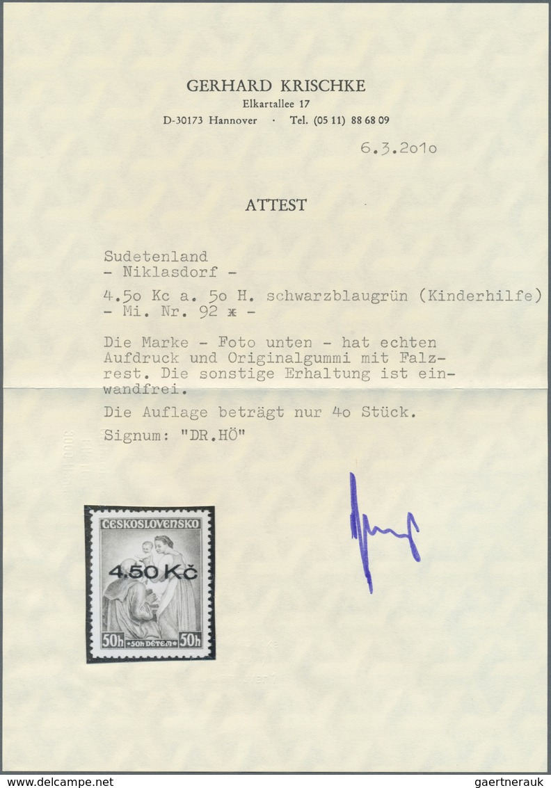 00119 Sudetenland - Niklasdorf: Sonderausgabe "Kinderhilfe", 50 H + 50 H Mit Aufdruck "4.50 K?", Blaugrün, - Sudetenland