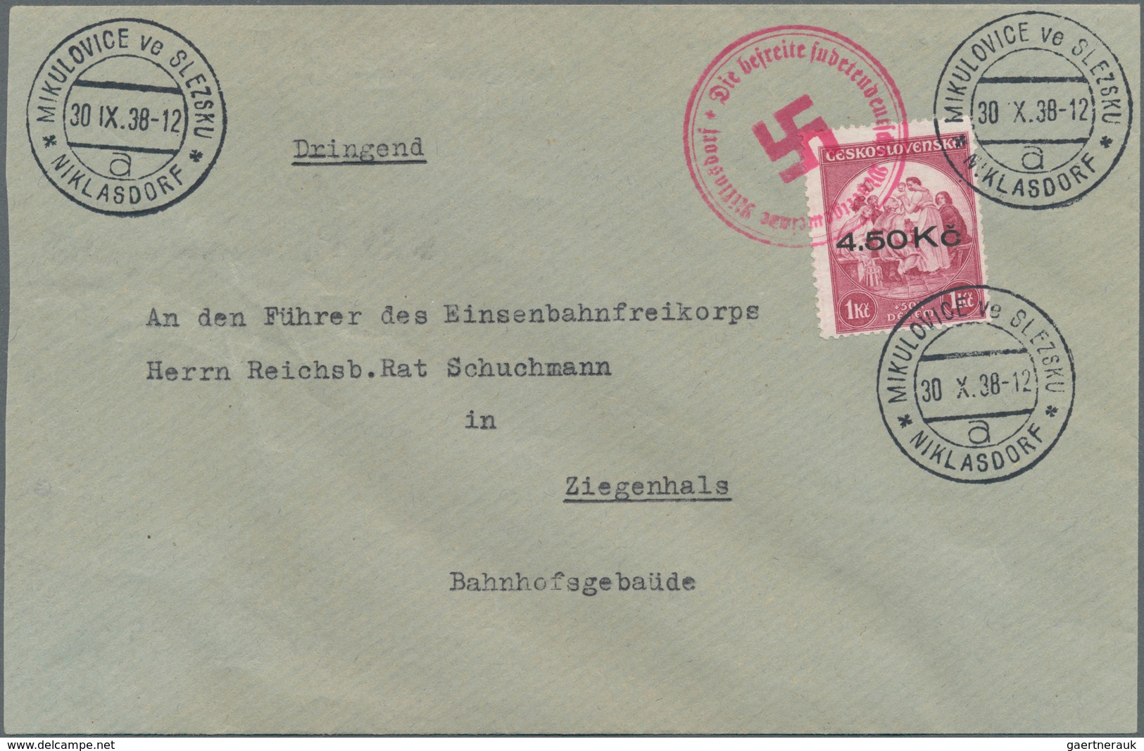 00120 Sudetenland - Niklasdorf: Sonderausgabe "Kinderhilfe", 1 K? + 50 H Mit Aufdruck "4.50 K?", Magenta, - Sudetenland