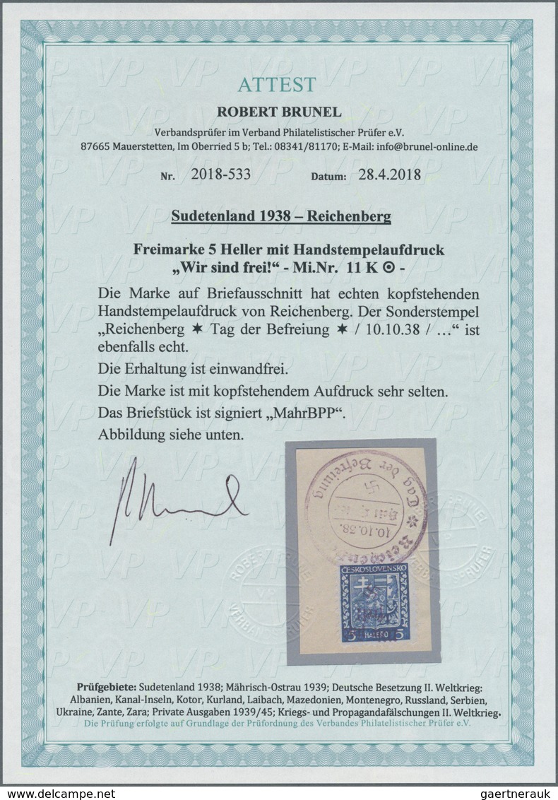 00131 Sudetenland - Reichenberg: Freimarke "Staatswappen", 5 H Schwarzkobalt Mit KOPFSTEHENDEM Handstempel - Région Des Sudètes