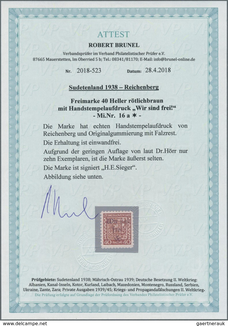 00134 Sudetenland - Reichenberg: Freimarke "Staatswappen", 40 H Rötlichbraun, Mit Handstempelaufdruck "Wir - Sudetenland