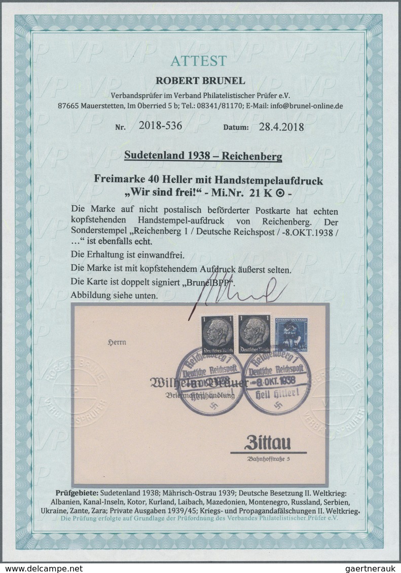 00144 Sudetenland - Reichenberg: Freimarke "Jan Amos Komenský", 40 H Blau Mit KOPFSTEHENDEM Aufdruck "Wir - Région Des Sudètes