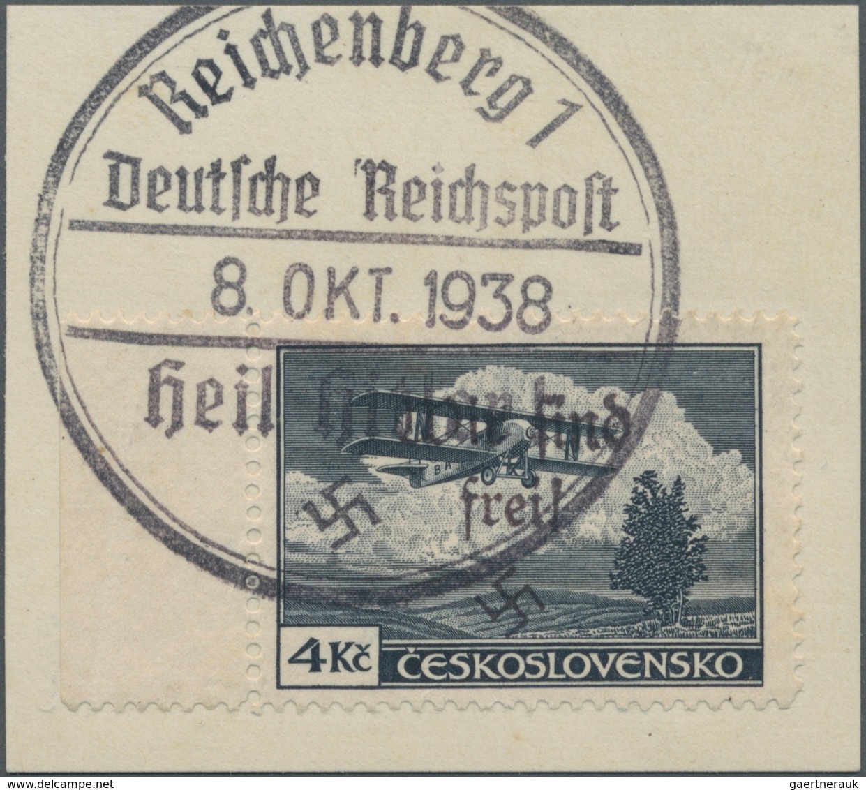 00150 Sudetenland - Reichenberg: Flugpostausgabe "Doppeldecker Smolík S 19", 4 K?, Indigoschiefer, Gezähnt - Sudetenland