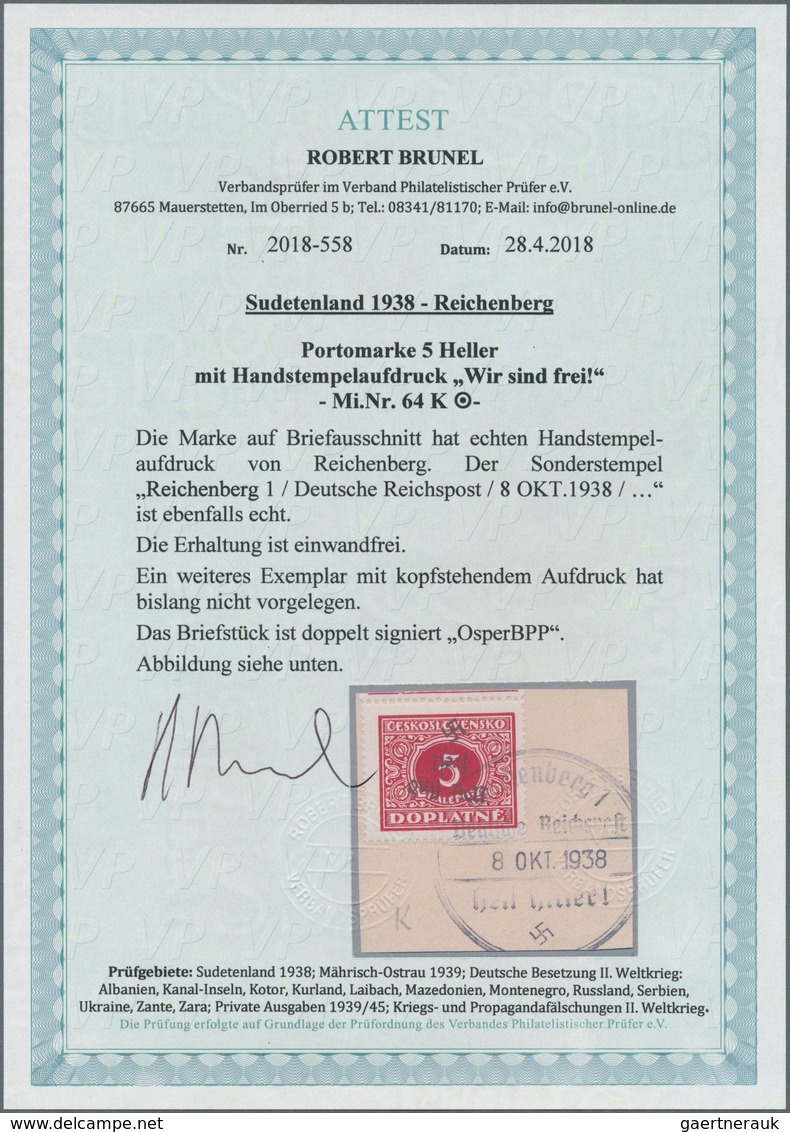 00163 Sudetenland - Reichenberg: Portomarke 5 H Dunkelrot, Mit KOPFSTEHENDEM Handstempelaufdruck "Wir Sind - Région Des Sudètes