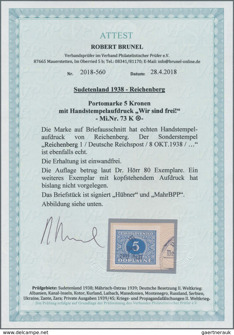 00165 Sudetenland - Reichenberg: Portomarke 5 K? Dunkelkobalt, Mit KOPFSTEHENDEM Handstempelaufdruck "Wir - Sudetenland