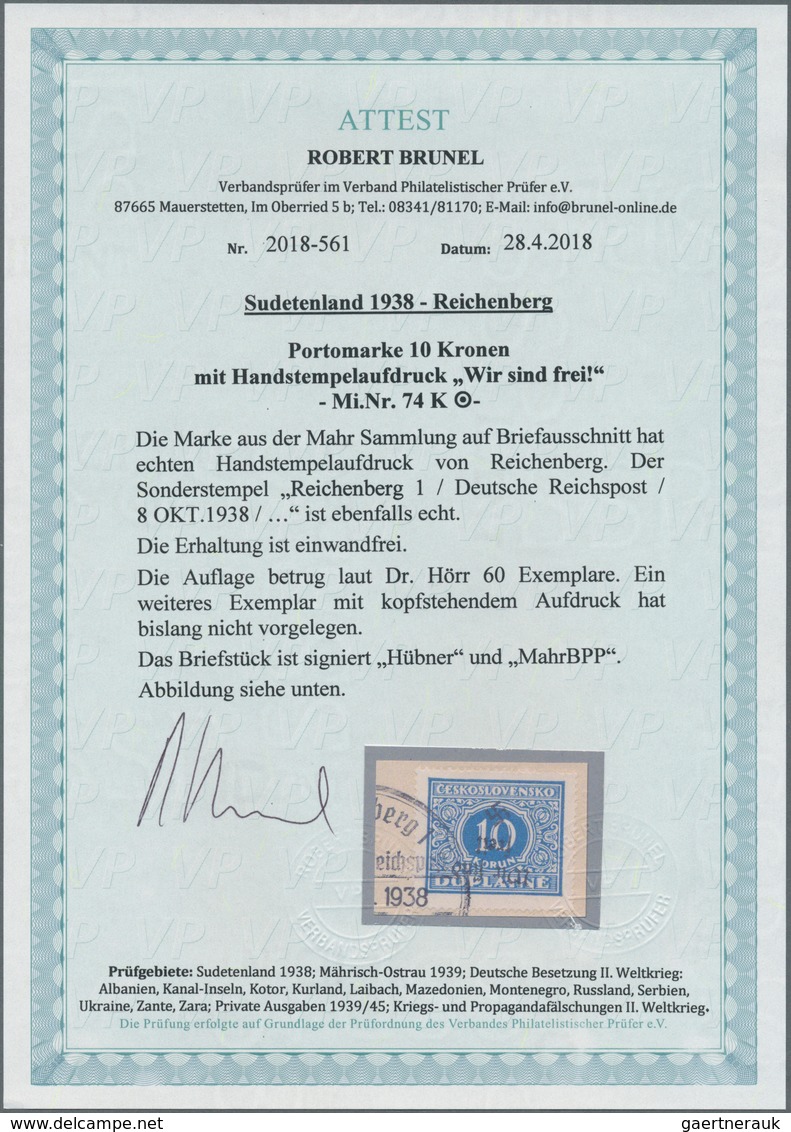 00166 Sudetenland - Reichenberg: Portomarke 10 K? Dunkelkobalt, Mit KOPFSTEHENDEM Handstempelaufdruck "Wir - Sudetenland