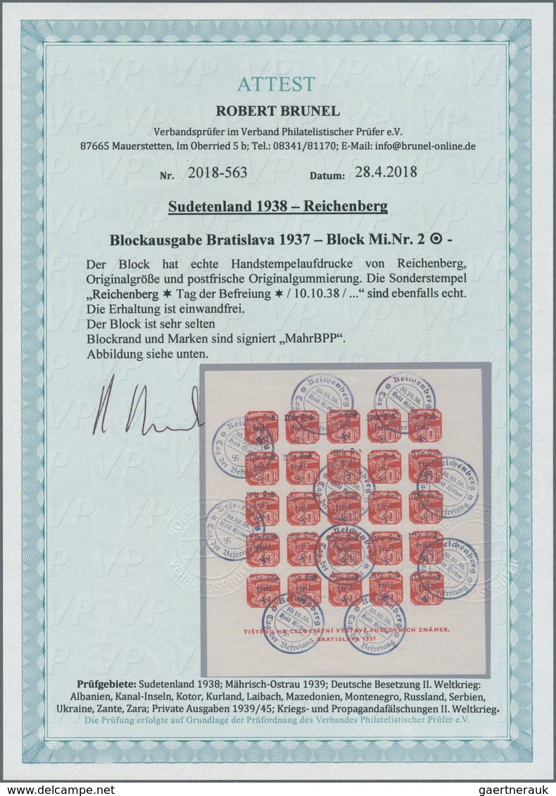 00168 Sudetenland - Reichenberg: Blockausgabe "Briefmarkenausstellung Preßburg (Bratislava) 1937", Postfri - Région Des Sudètes