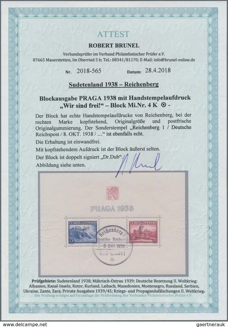 00170 Sudetenland - Reichenberg: Blockausgabe "Briefmarkenausstellung PRAGA 1938", Mit Handstempelaufdruck - Région Des Sudètes