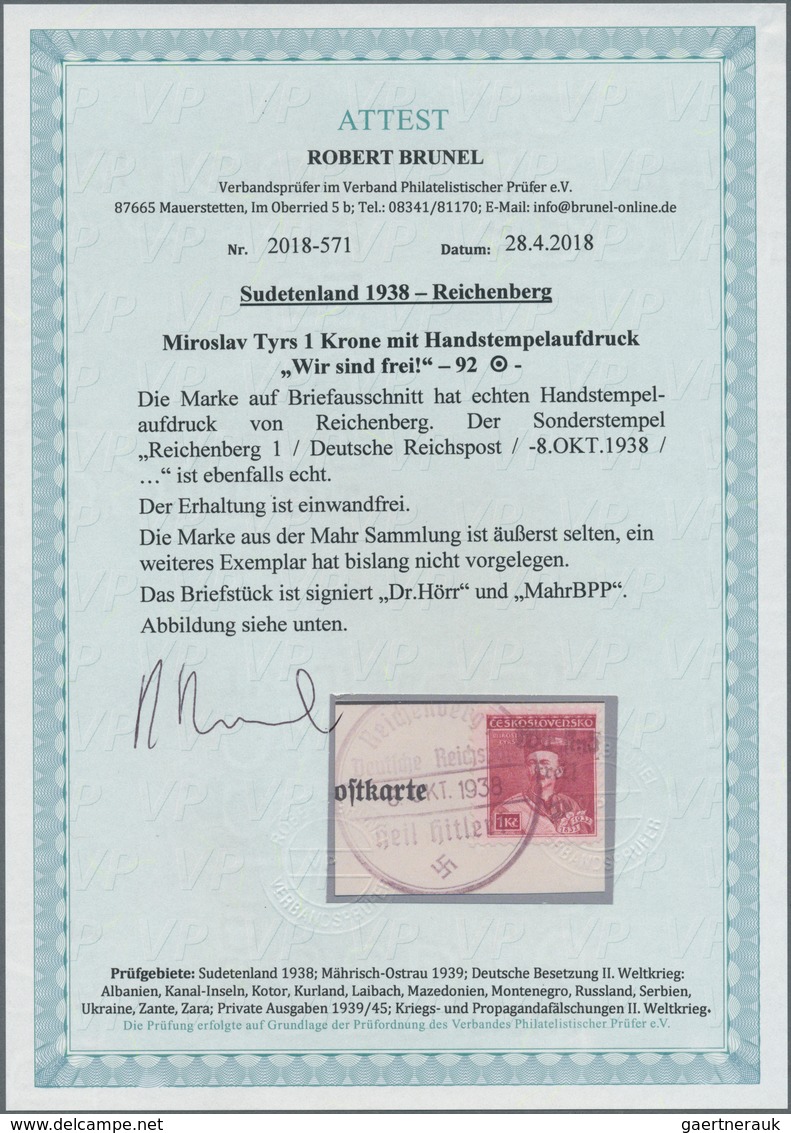 00176 Sudetenland - Reichenberg: Gedenkausgabe "100. Geburtstag Von Miroslav Tyr?" 1 K? Karminrot Mit Hand - Sudetenland
