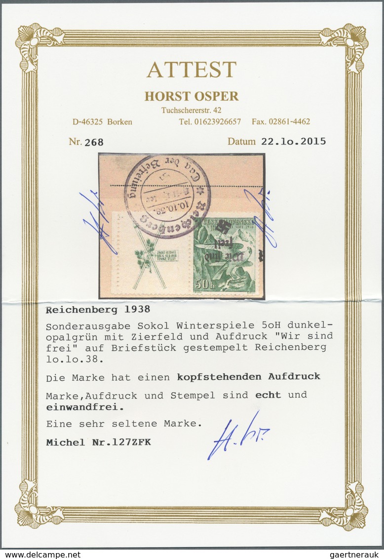 00190 Sudetenland - Reichenberg: Sonderausgabe "10. Sokol-Winterspiele", 50 H Opalgrün Mit Rechts Anhängen - Sudetenland