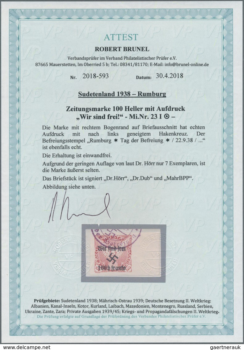 00198 Sudetenland - Rumburg: Zeitungsmarken 100 H Auf 100 H Braunrot Mit Rechtem Bogenrand, Handstempelauf - Région Des Sudètes