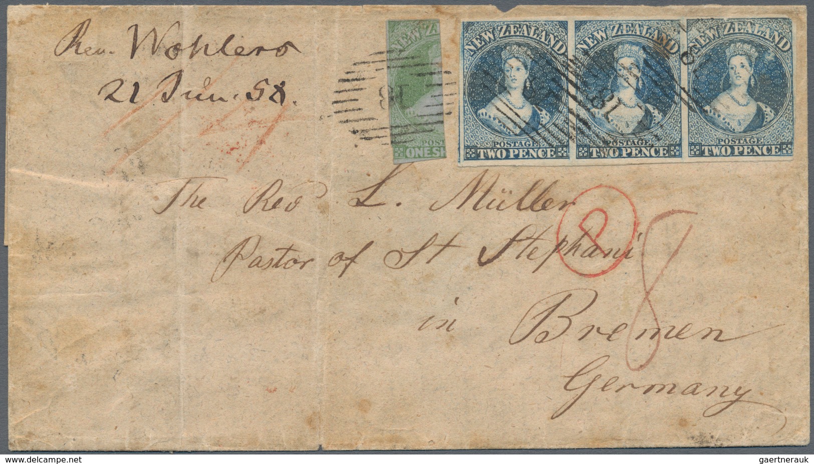 00305 Neuseeland: 1855 BISECTED 1s. Green On Blue Paper Used Along With 1857 2d. Blue Horizontal Strip Of - Neufs