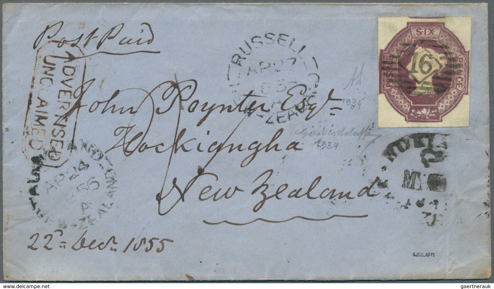 00308 Neuseeland - Besonderheiten: 1855 Envelope To New Zealand, Franked With 1847-54 Embossed 6d Dull Lil - Sonstige & Ohne Zuordnung