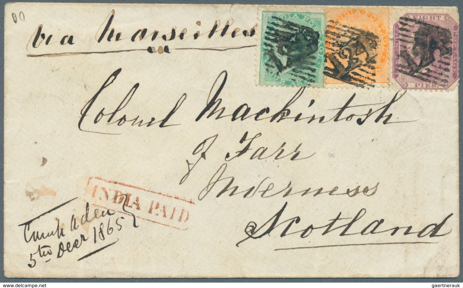 00311 Aden: 1865 Cover From ADEN To Inverness, Scotland Franked With India 1865 4a. Green, 2a. Orange And - Yemen