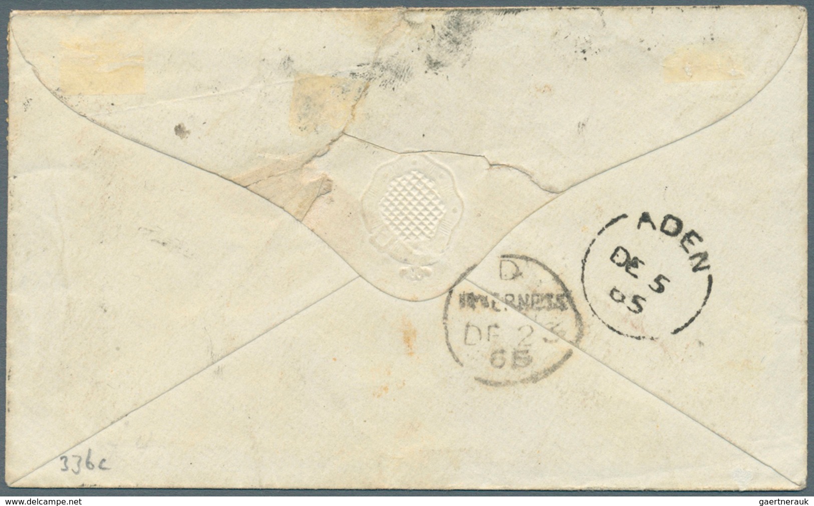 00311 Aden: 1865 Cover From ADEN To Inverness, Scotland Franked With India 1865 4a. Green, 2a. Orange And - Jemen