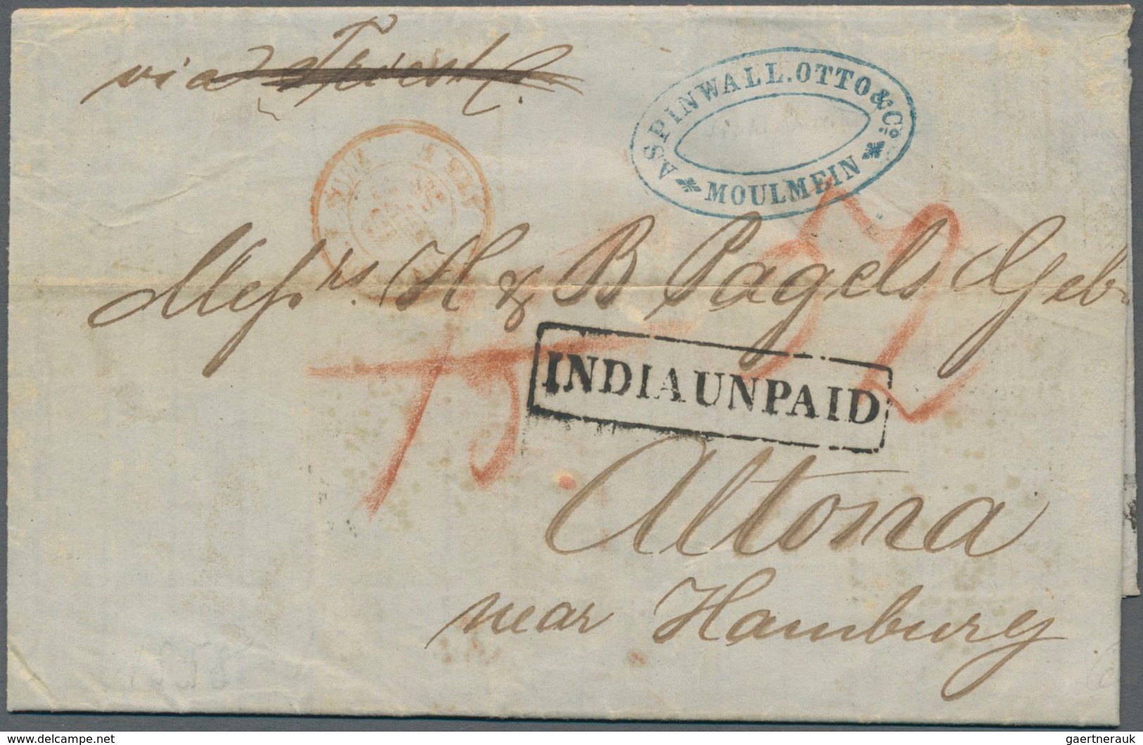 00312 Birma / Burma / Myanmar: 1858 Stampless Letter From Moulmein To Altona Near Hamburg, Germany Via Cal - Myanmar (Birma 1948-...)