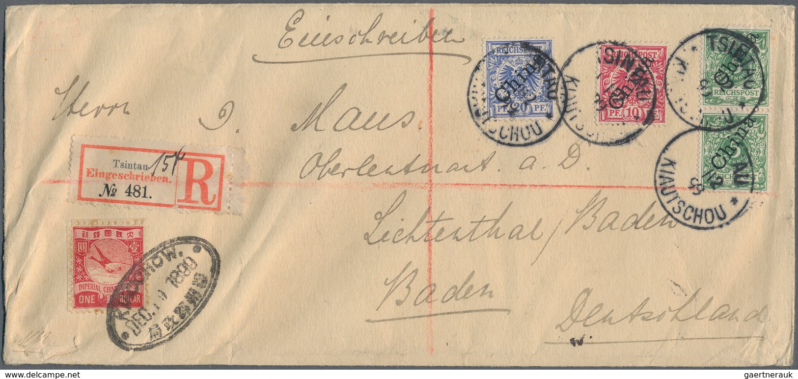 00315 China: 1897, $1 Goose Tokyo Printing Tied Oval Bilingual "KIAOCHOW. DEC 19 1899" To Registered Cover - Andere & Zonder Classificatie