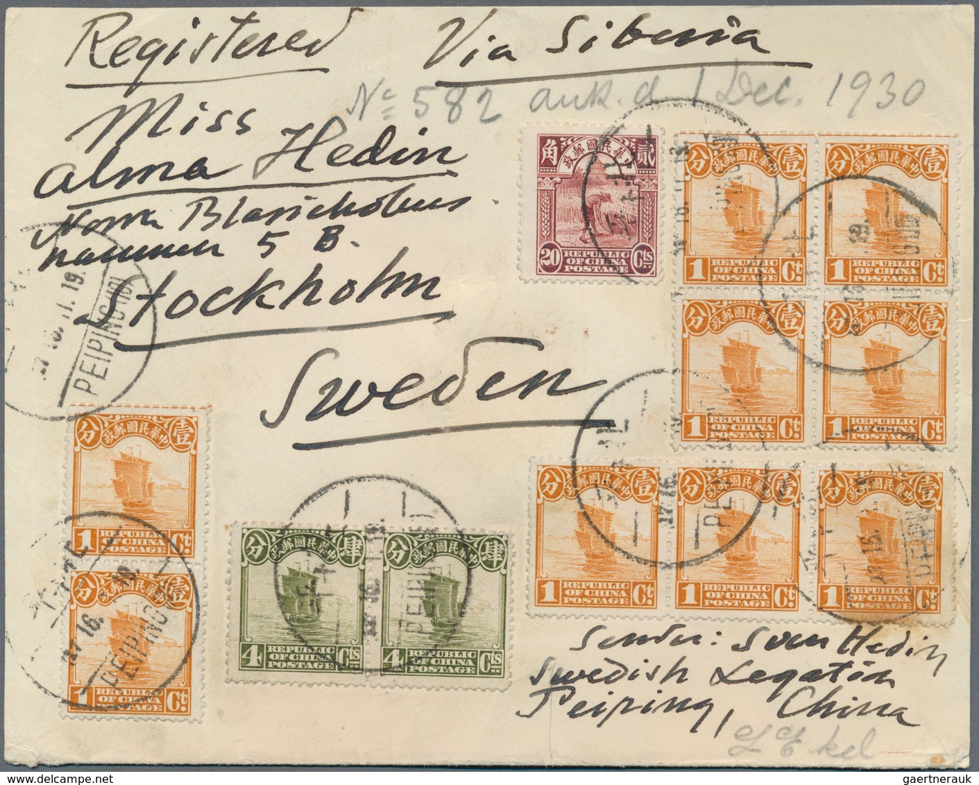 00318 China: 1923/30, Sven Hedin Original Hand Writing Cover: Junk Franking Total 39 C. Tied "Peiping 16.7 - Autres & Non Classés