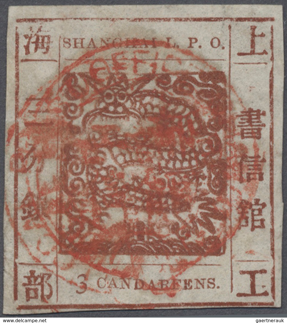 00319 China - Shanghai: 1866/77: Large Dragon 3ca. Red-brown On Thin Hard Paper, Used And Cancelled By Red - Andere & Zonder Classificatie