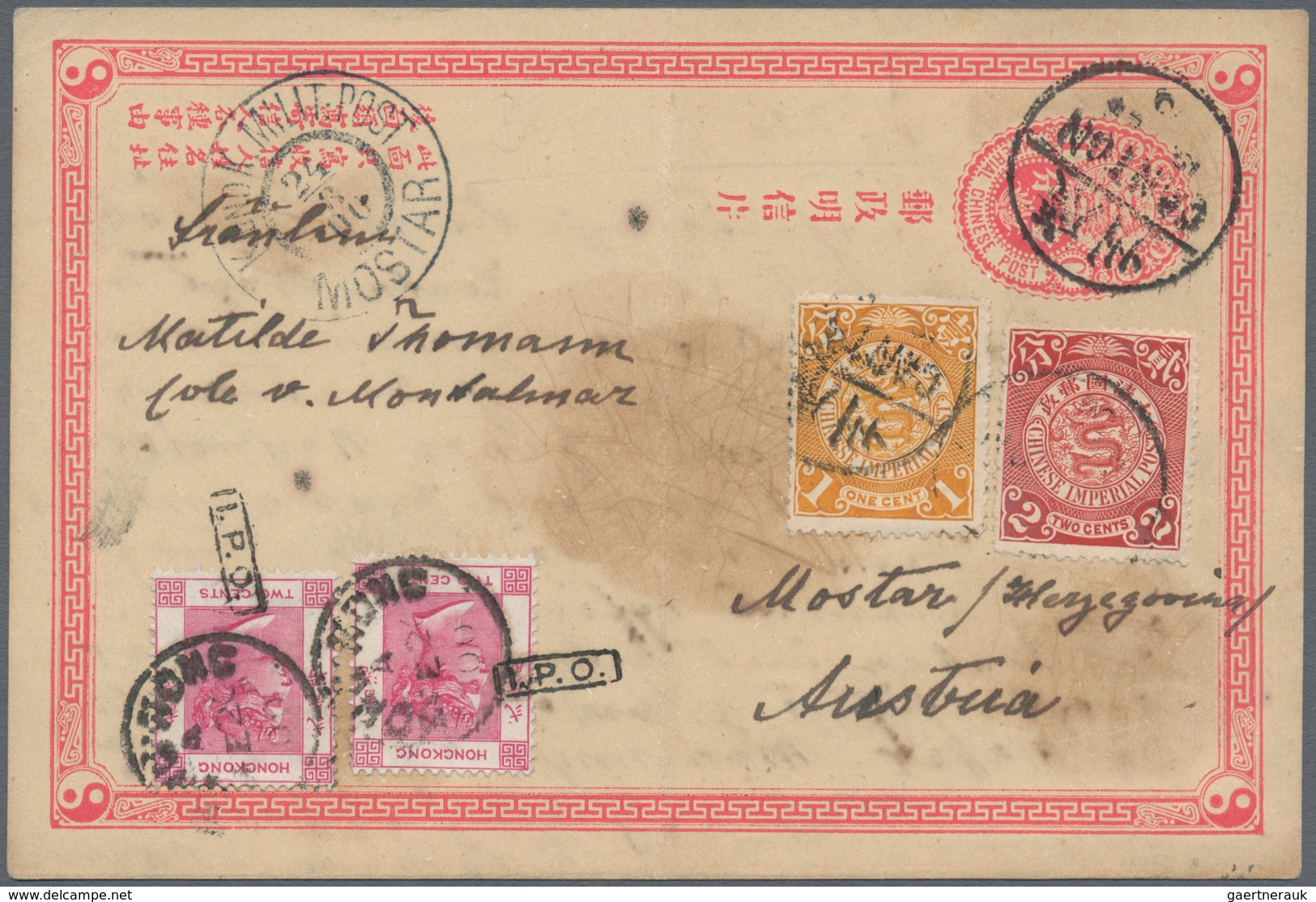 00320 China - Ganzsachen: 1897, Card ICP 1 C. Uprated Coiling Dragon 1 C., 2 C. Tied Bisected Bilingual "C - Postcards