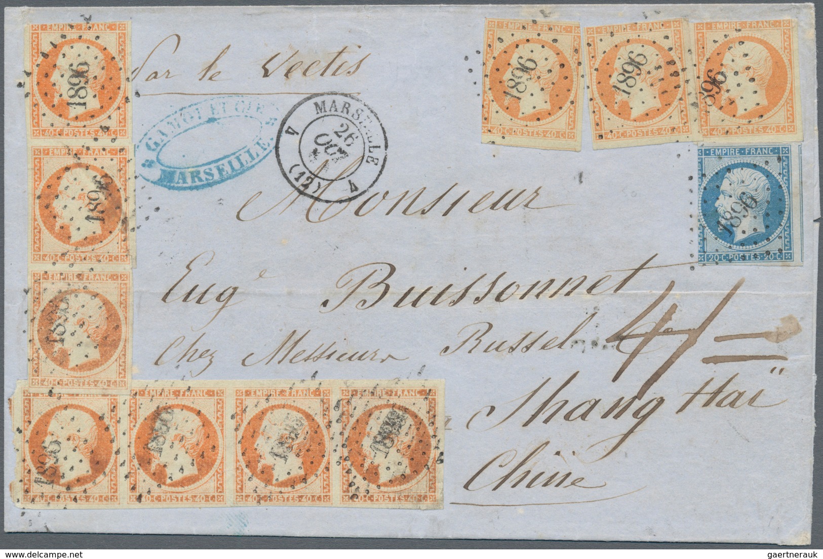 00321 China - Incoming Mail: 1854, France: Napoleon Imperforated 40 Cts. (12 Inc. Two On Reverse) And 20 C - Other & Unclassified