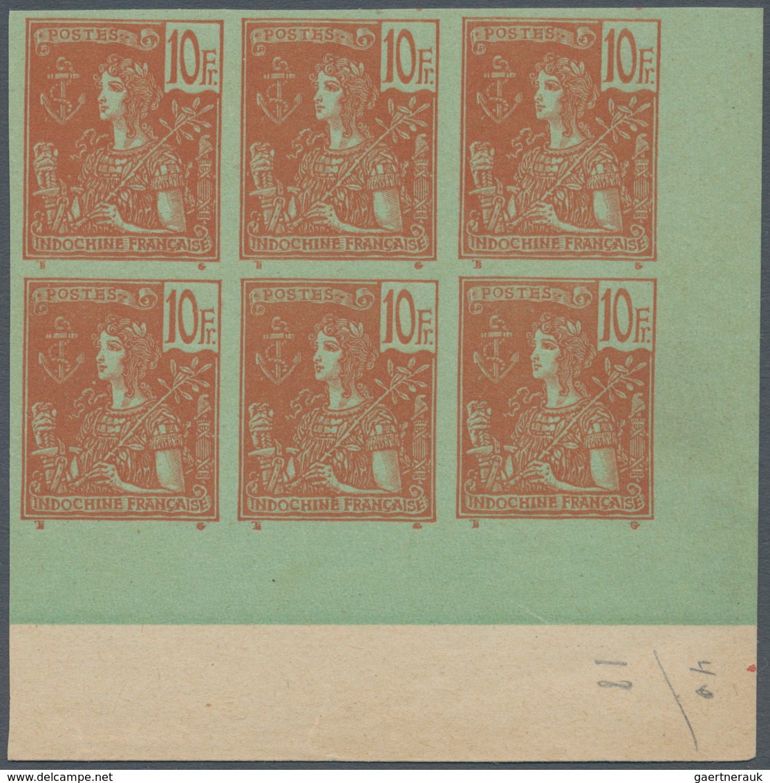 00337 Französisch-Indochina: 1904, 10fr. Red On Bluish Green, IMPERFORATE Marginal Block Of Six From The L - Covers & Documents