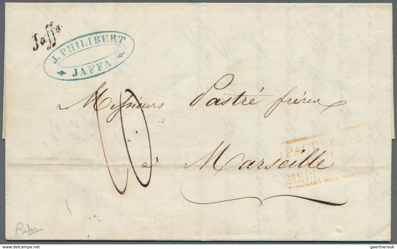 00338 Holyland: 1854, "Jaffa" Black Oneliner Of French Levant Post Office On Folded Envelope With Blue Sen - Palestina