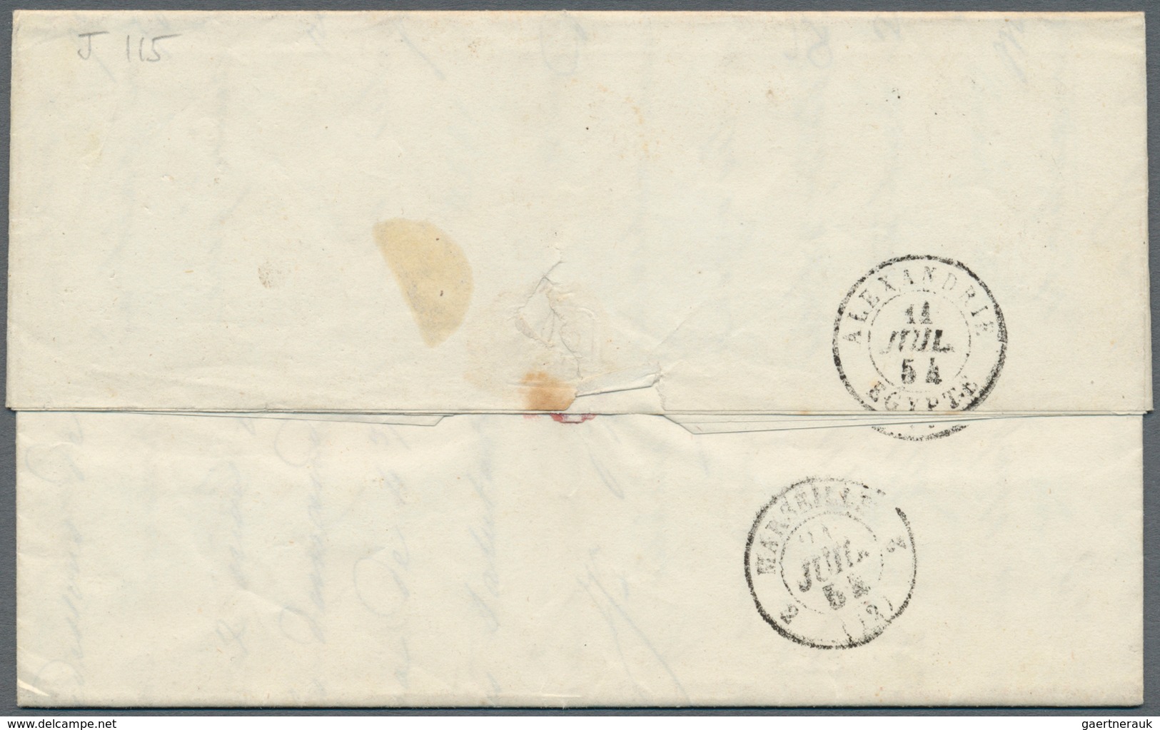 00338 Holyland: 1854, "Jaffa" Black Oneliner Of French Levant Post Office On Folded Envelope With Blue Sen - Palästina