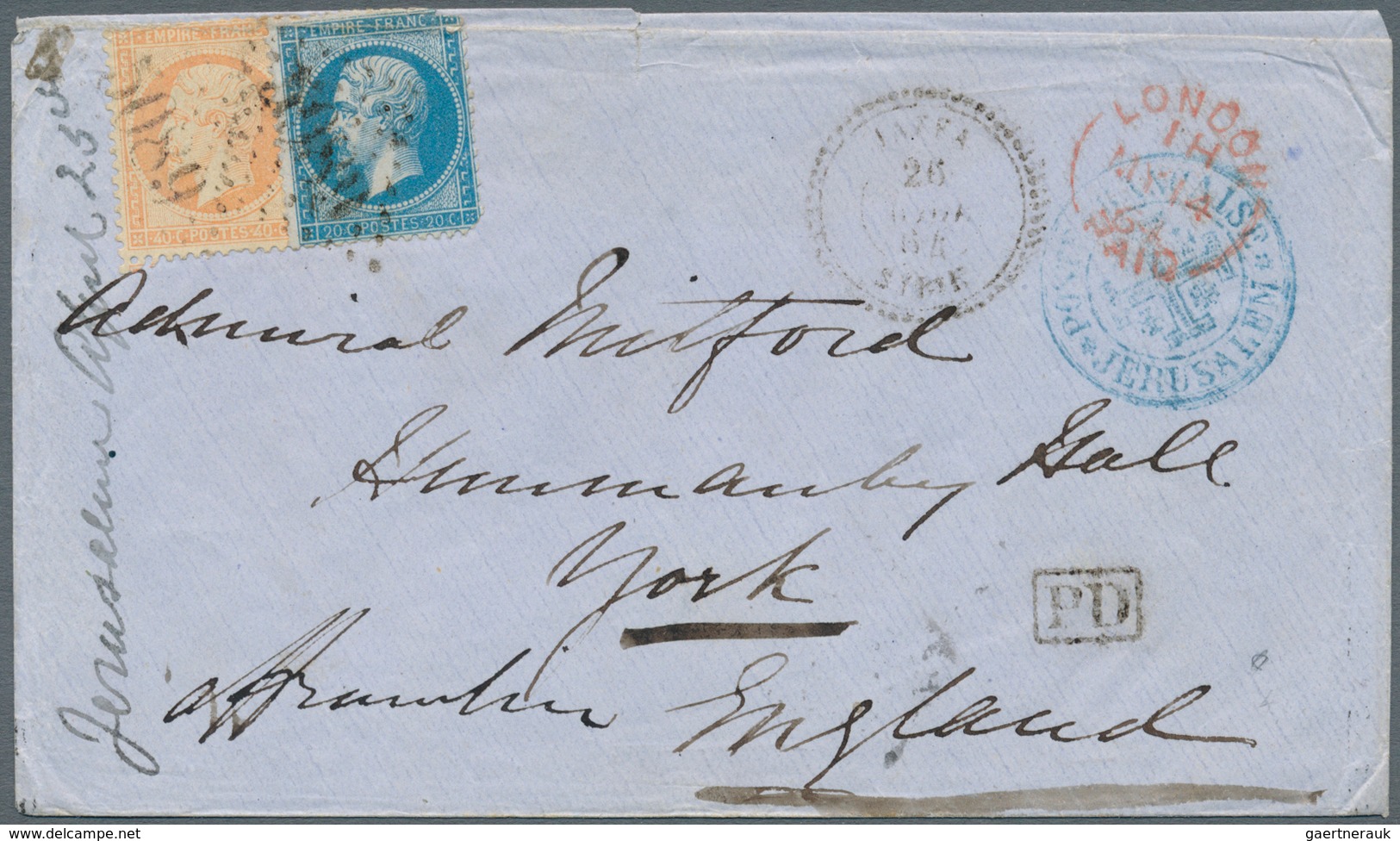 00340 Holyland: 1864, Grand Chiffre "5089" On 20c. Blue (corner Faults) And 40c. Orange On Cover With "JAF - Palästina