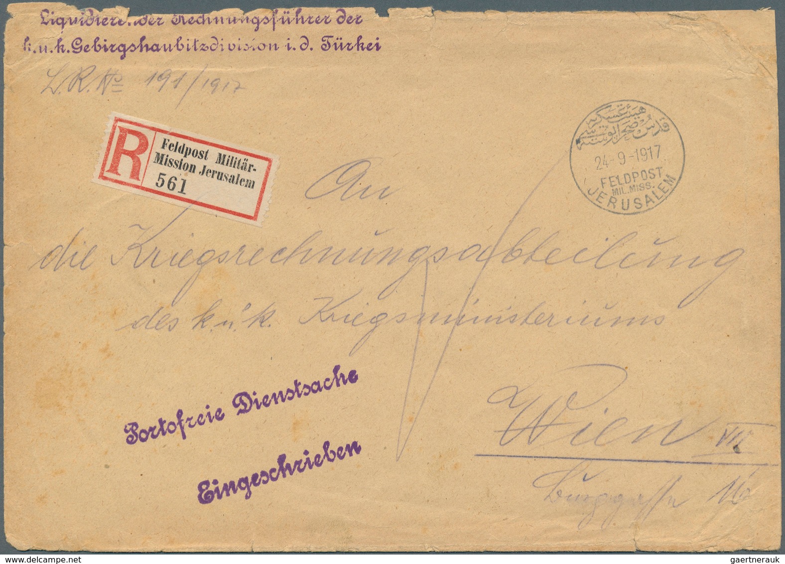 00341 Holyland: 1917, Registered Cover "Portofreie Dienstsache" From "JERUSALEM FELDPOST MIL.MISSION 24.9. - Palästina