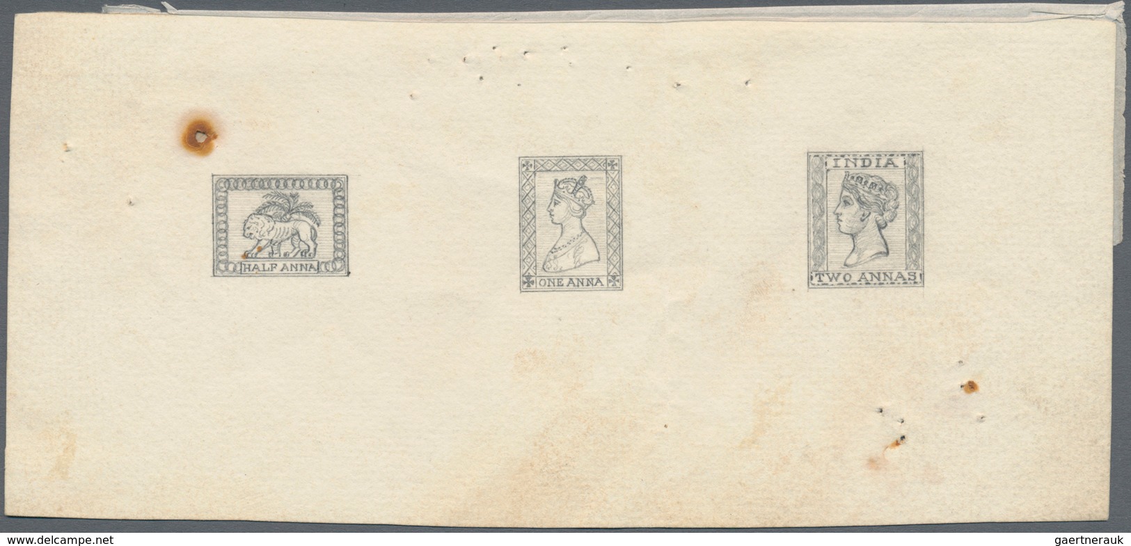 00349 Indien: 1852-53 Essays Of Half Anna "Lion & Palm Tree", One Anna "Queen Victoria" And Two Annas "Que - Sonstige & Ohne Zuordnung