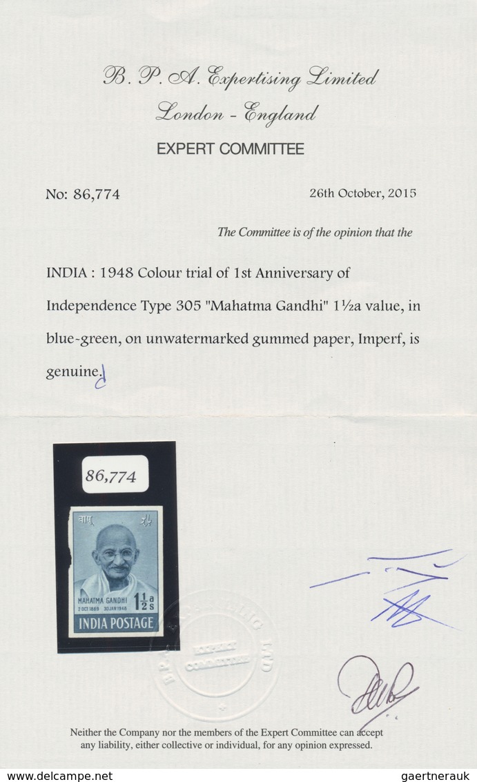 00354 Indien: 1948 GANDHI: Colour Trial Of The 1½a. Value In Blue-green, On Unwatermarked Gummed Paper, Im - Sonstige & Ohne Zuordnung