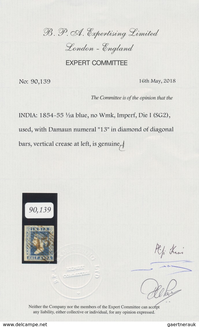 00361 Indien - Used Abroad: 1854 Portuguese India-Damaun: India Lithographed ½a. Blue, Die I, Used In DAMA - Autres & Non Classés