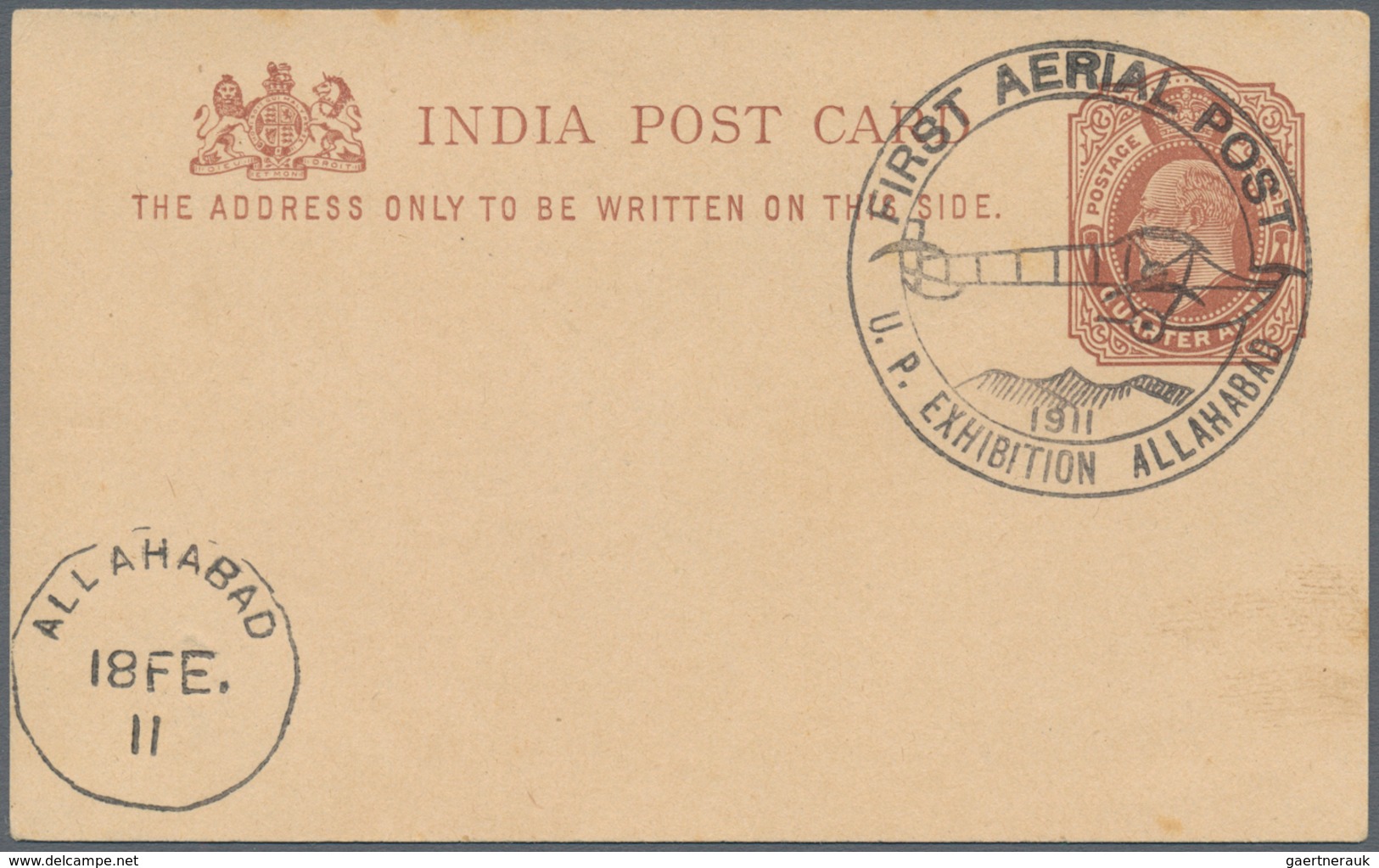 00365 Indien - Flugpost: 1911 The Special Circled Cachet "FIRST AERIAL POST/U.P. EXHIBITION ALLAHABAD 1911 - Poste Aérienne