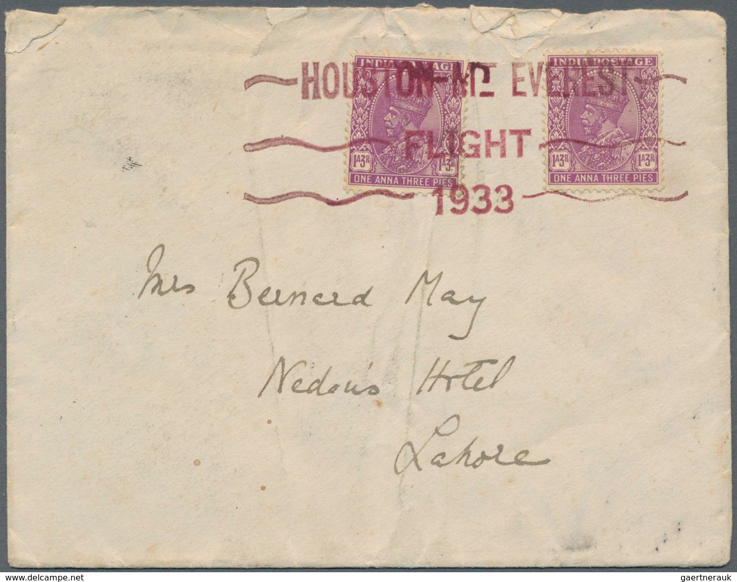 00367 Indien - Flugpost: 1933 "HOUSTON-MT-EVEREST FLIGHT": Cover Carried By The FIRST FLIGHT OVER MT. EVER - Luchtpost