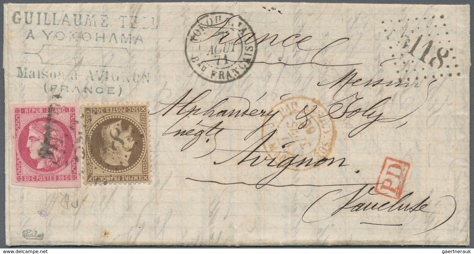 00373 Japan - Besonderheiten: 1871, FRANCE Used ABROAD, 30 C Brown Napoleon And 80 C Rose-carmine Bordeaux - Altri & Non Classificati