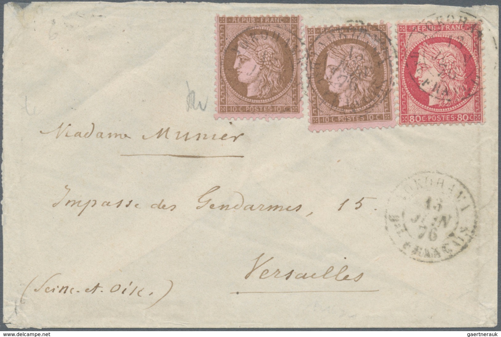 00374 Japan - Besonderheiten: 1876, FRANCE Used ABROAD, 2 X 10 C Brown On Rose And 80 C Rose Cérès, Tied B - Andere & Zonder Classificatie