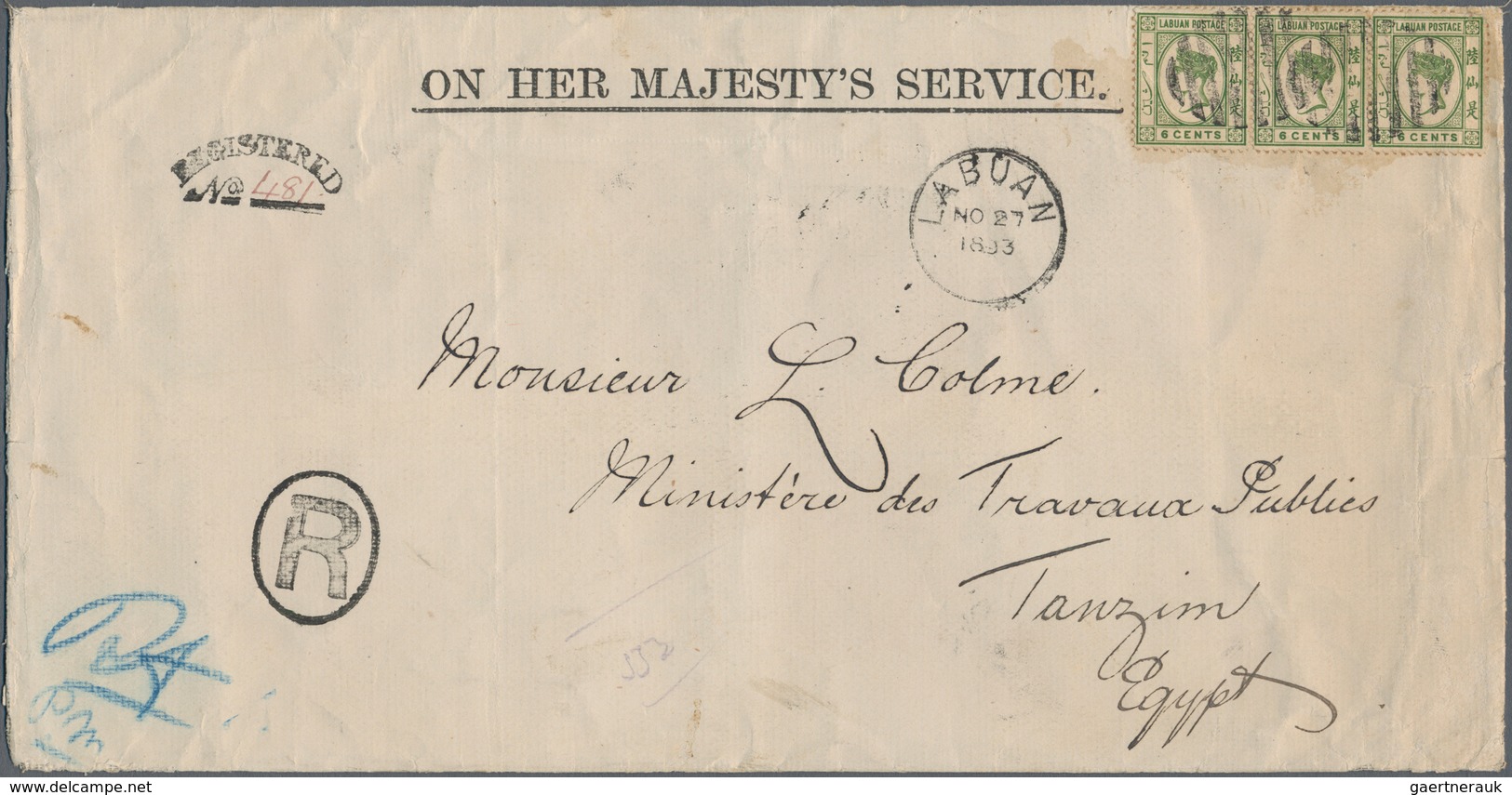 00378 Labuan: 1893 Official 'On H.M.S.' Envelope (254 X 130 Mm) Used Registered From Labuan To EGYPT, Addr - Altri & Non Classificati