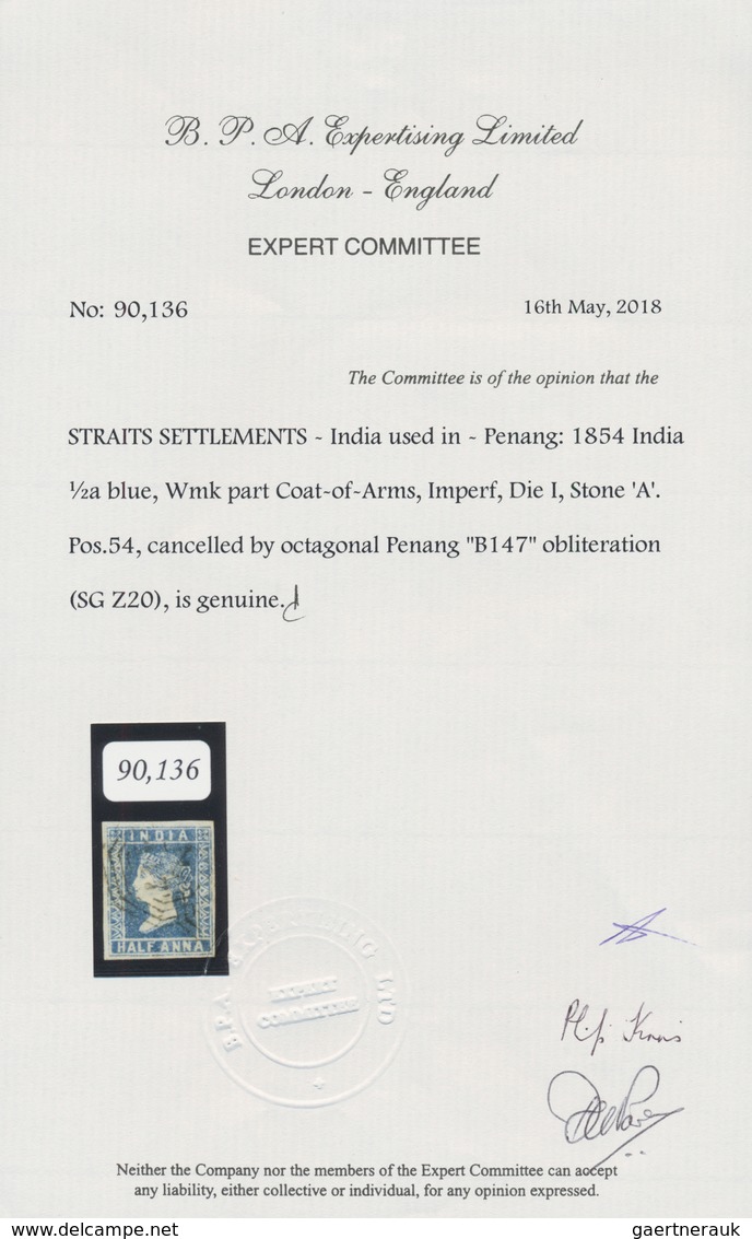 00380 Malaiische Staaten - Straits Settlements: 1854 Indian Lithographed ½a. Blue, Die I, Stone "A", Sheet - Straits Settlements