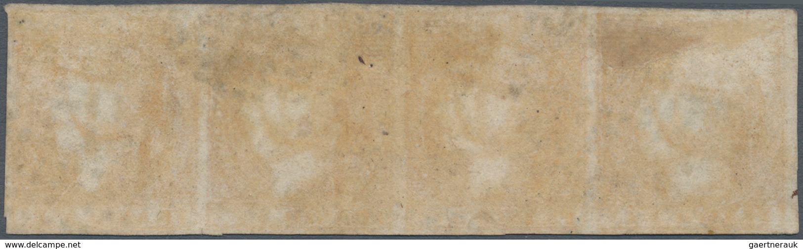 00392 Philippinen: 1854, 5 C. Orange, A Horizontal Strip Of Four, Used Dots In Circle And Pen-writing. One - Filippine